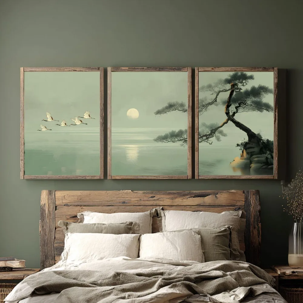 3PCS  Frameless,3pcs Frameless Japandi Wall Art Minimalist Saint Green Poster Scandinavian Zen Decoration Calm Sea View Art Prin