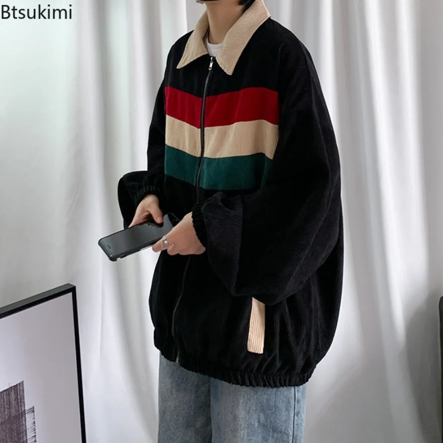 Spring Autumn New Men's Corduroy Jackets Fashion Splice Contrast Color Design Korean Style Loose Casual Coats Men Bomber Jackets