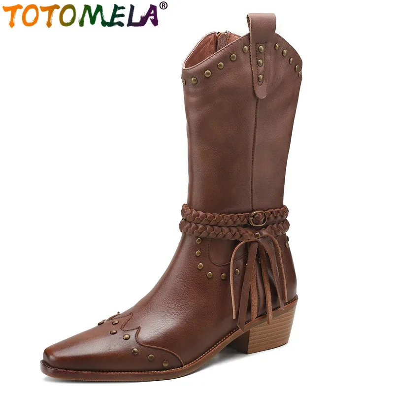 

TOTOMELA 2024 New Square Toe Female Zipper Mid Calf Boots Fringe Square Med Heels Shoes Genuine Leather Autumn Western Boots