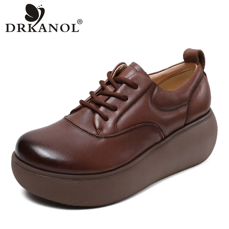 

DRKANOL Women Wedges Heel Shoes Round Toe Lace-Up Handmade Retro Quality Genuine Cow Leather Comfort Casual Women Single Shoes