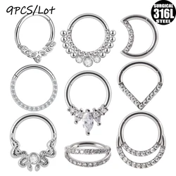 9PCS/Lot Surgical Steel Micro Zircon Nose Hinged Ring Forward Septum Clicker Ear Cartilage Tragus Body Jewelry Wholesale