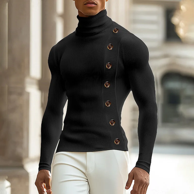 Men's Slim Fit Inner Layer Base Shirt Casual Knitted High Collar Button Long Sleeve T-Shirt Men High Collar Man Clothes