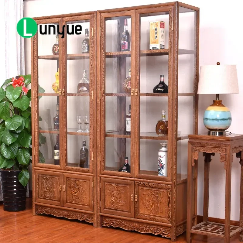 Chinese Mahogany Solid Wood Wine Cabinet Double Door Glass Display Rack Living Room Partition Shelf Furniture Home Decor
