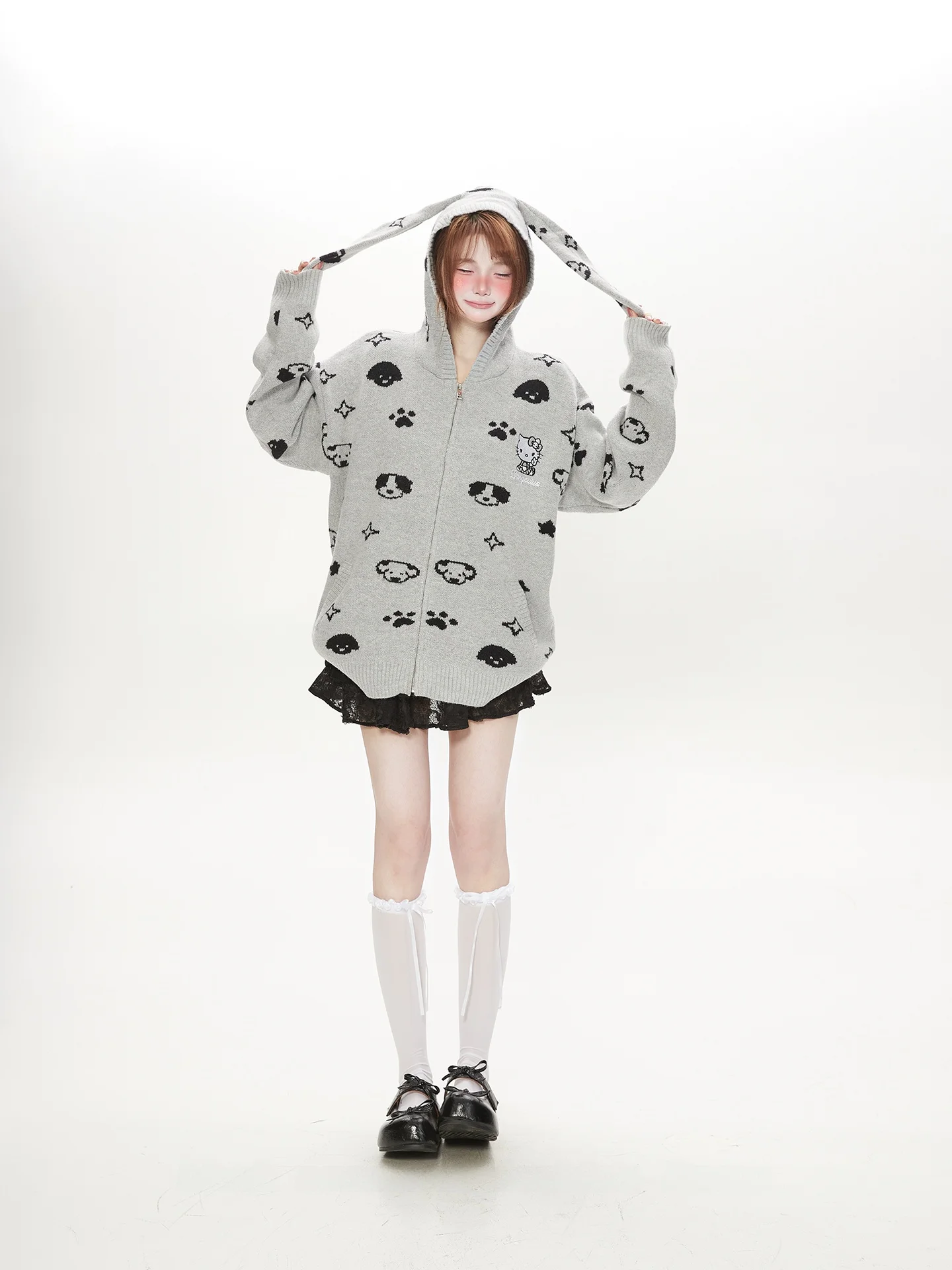 

Женский вязаный свитер с капюшоном в виде кроличьих ушей, весенне-осенний, в корейском стиле, с мультяшным принтом, повседневный, милый, с длинными рукавами