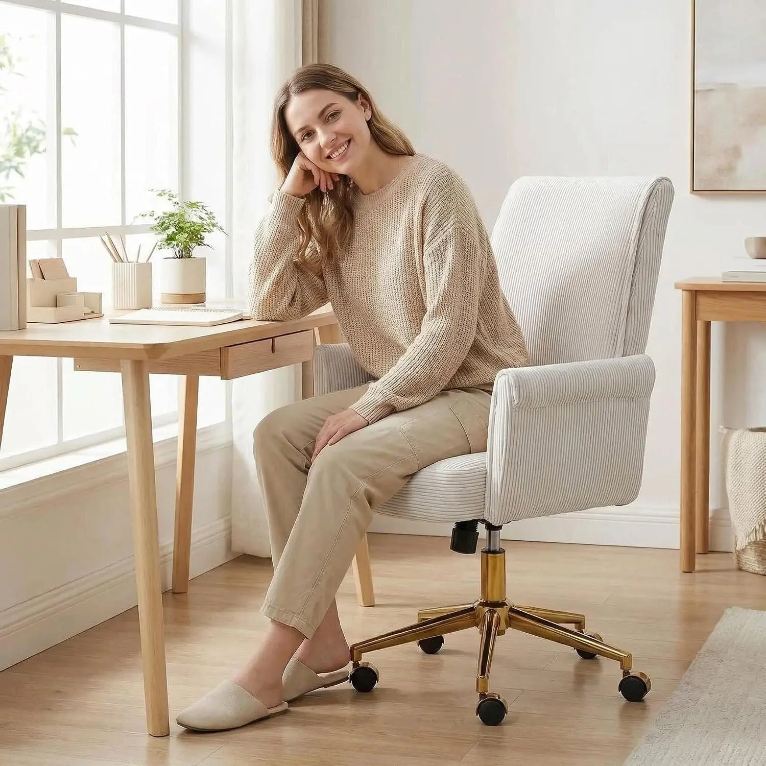 Striped Velvet Office Chair, 360° Swivel Ergonomic High Back Task Chair With Gold Base & Wheels, Customized