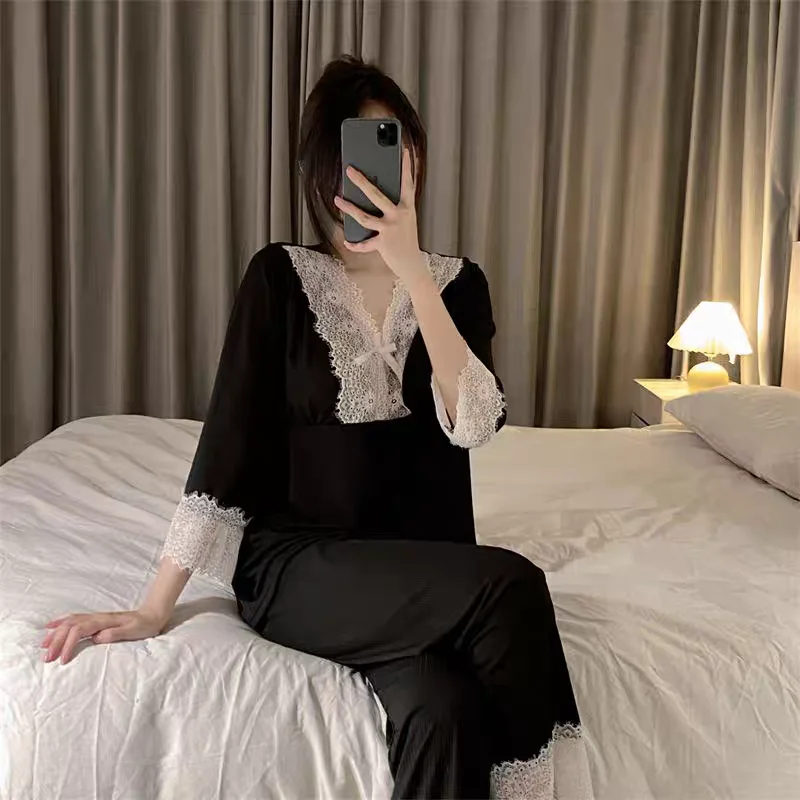 الفتيات الدانتيل حافة بيجامة سوداء مجموعات الأميرة مثير طويلة الأكمام السراويل ملابس خاصة الترفيه ارتداء ربيع الخريف ملابس المنزل خارج جديد #5