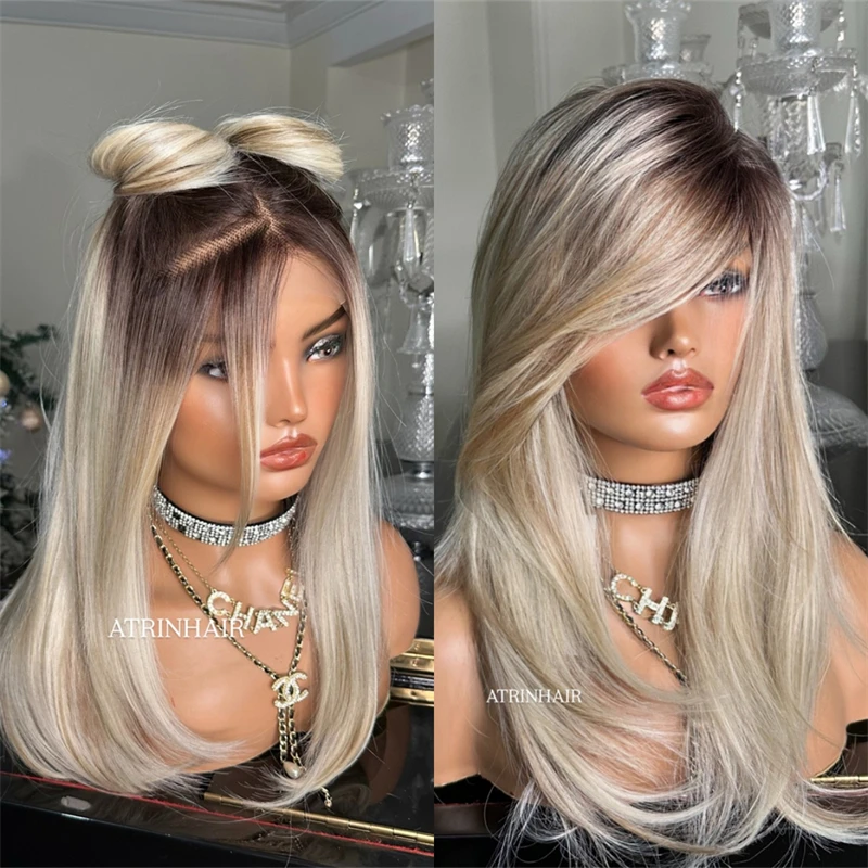 Heat Resistant Wig Ombre Platinum Blonde Highlights Synthetic HD Lace Front Wig Layered Straight Hair Preplucked Hairline 18''