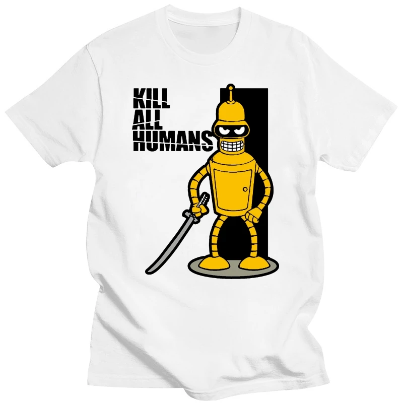 Flevans  Robot Bender Kill all humans Print Men T-shirt Mens Short Sleeve Cotton Tops Tee Fashion Hip HopT-shirts