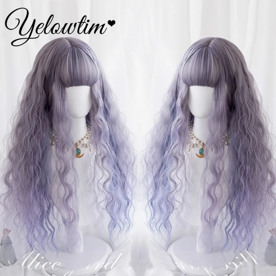 Long Wavy Blue Green Synthetic Lolita Wigs With Bangs Cosplay Woman Wigs Christmas Party Wigs Natural Hair Wigs For Woman Fake H