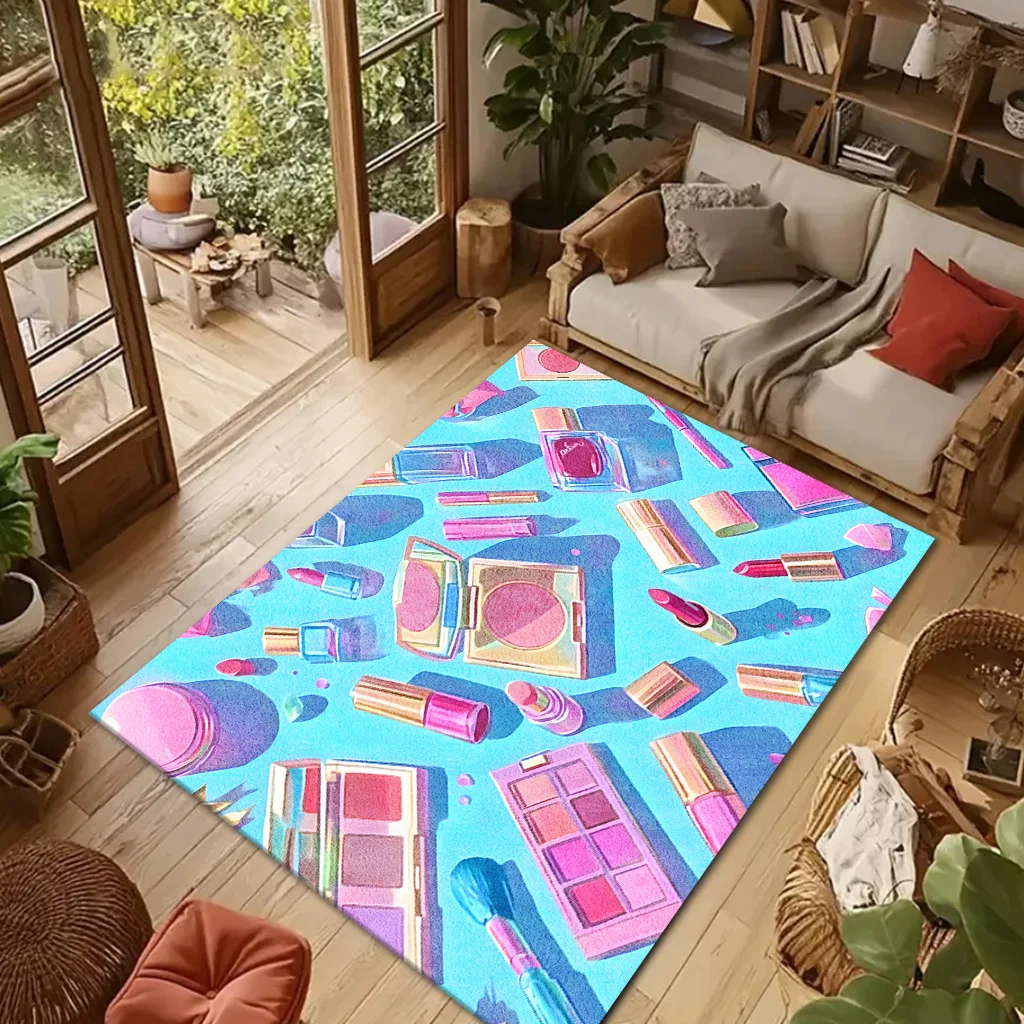 Colorful Makeup Pattern Door Mat, Pink Cosmetics Floor Rug, Girly Beauty Lover Welcome Carpet, Non-slip Bathroom Decor for Girls