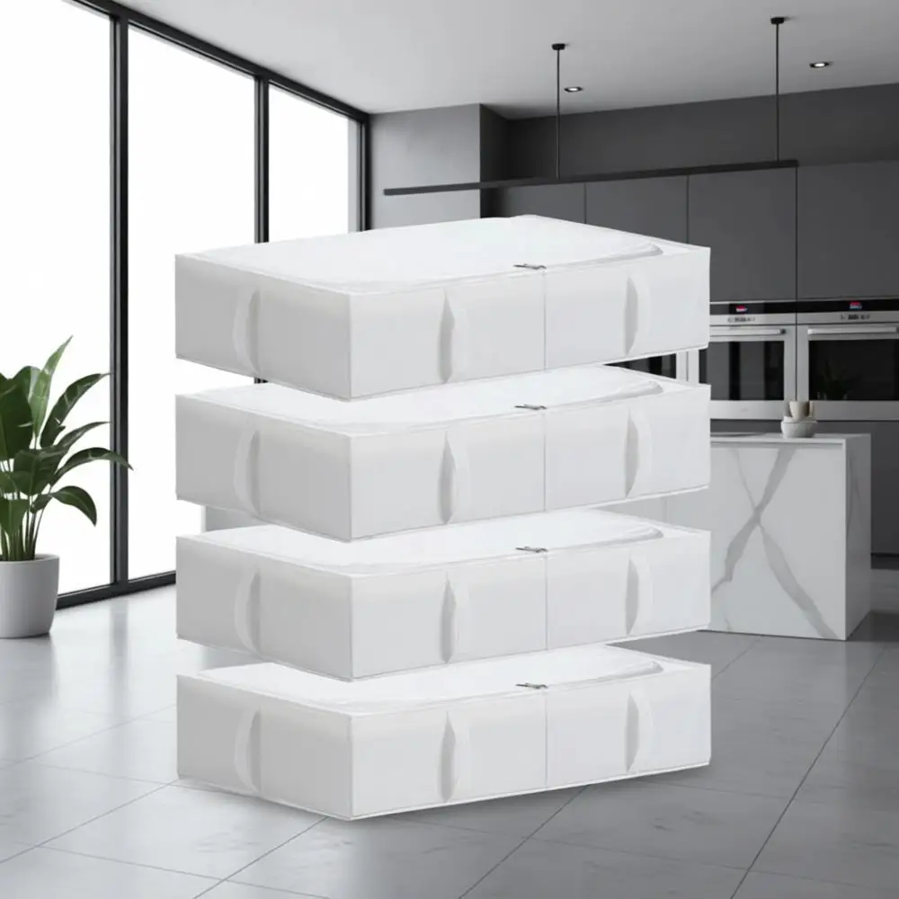 Collapsible Under Bed Storage Boxes, Durable Fabric, Washable, 4-Pack, 27.5x16.5x7 Inches, White