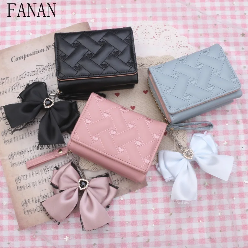 

Японские милые кружевные кошельки ручной работы для девочек с подвеской в виде банта, женский кошелек из искусственной кожи с вышивкой в форме сердца