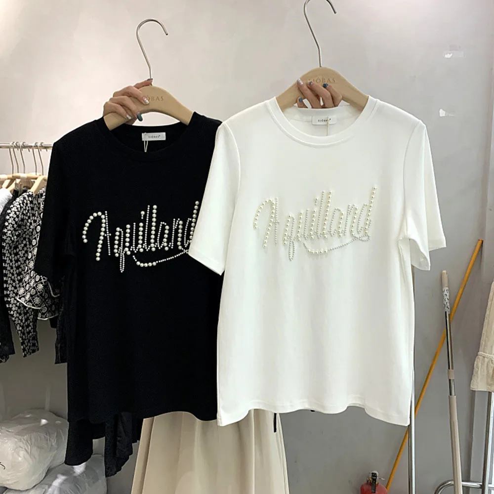 Korean 2022 Spring and Summer New Round Neck Pearl Letters Loose Short-sleeved T-shirt Casual Tops for Women Tees