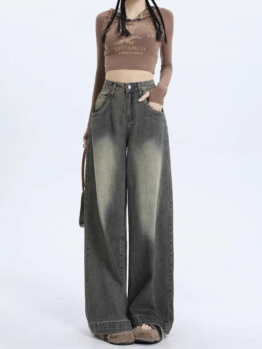 

High Waist Wide Leg Straight Cut Loose Fit Denim Jeans Women's Autumn Winter New Style American Lazy Long Pants