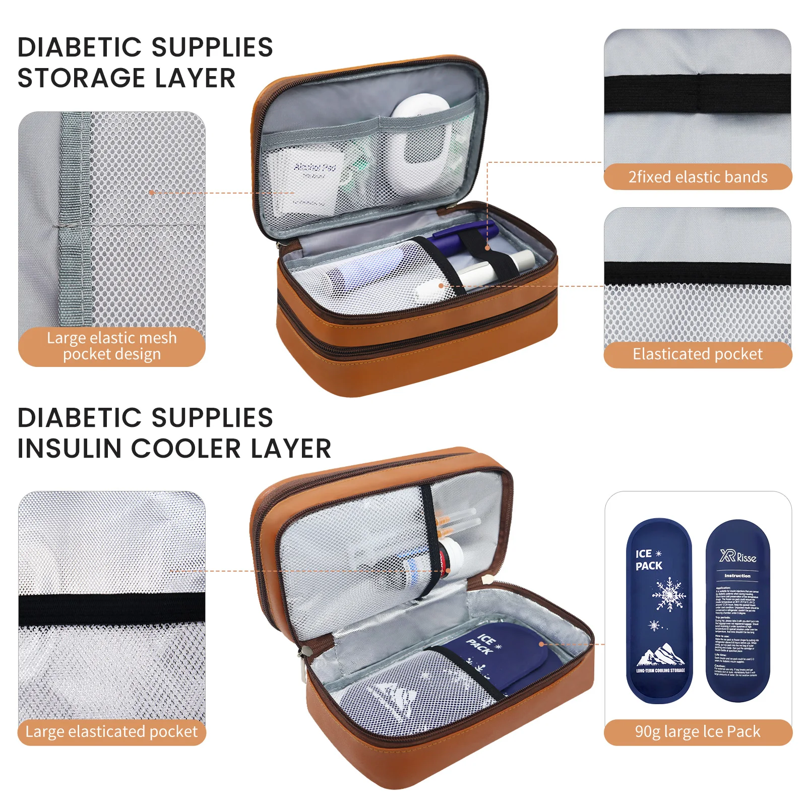 Brown Portable Diabetic Supplies Organizer Bag, Single Layer/Double Layer Insulin Travel Case, Bag Only