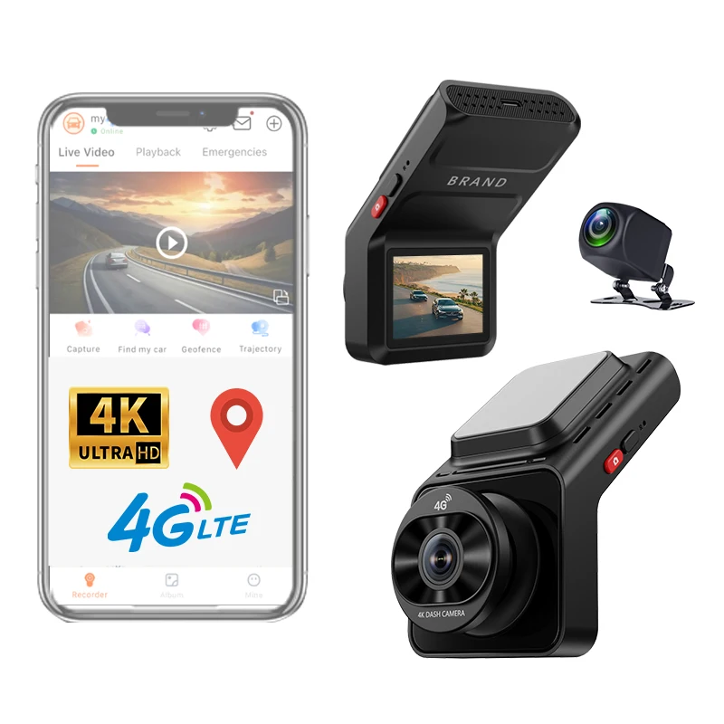 2Inch4K 4Gdashcam with dual lens record wifi gps tracking fit remote live video check on phone 12-24v power supply 4g car camera