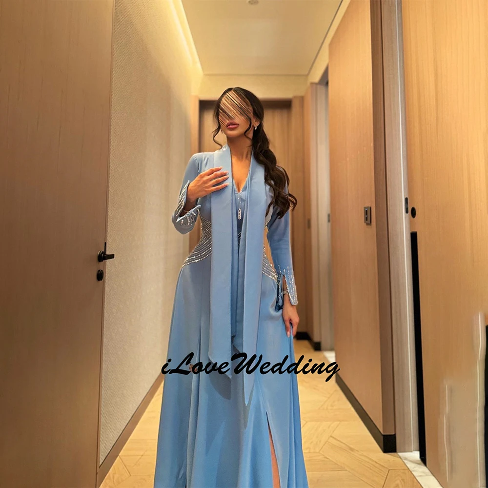 

Customized Attractive Chiffon Long Sleeve Prom Dresses V Neck Beadings Floor Length Side Split Party Dresses Evening Dress 2026