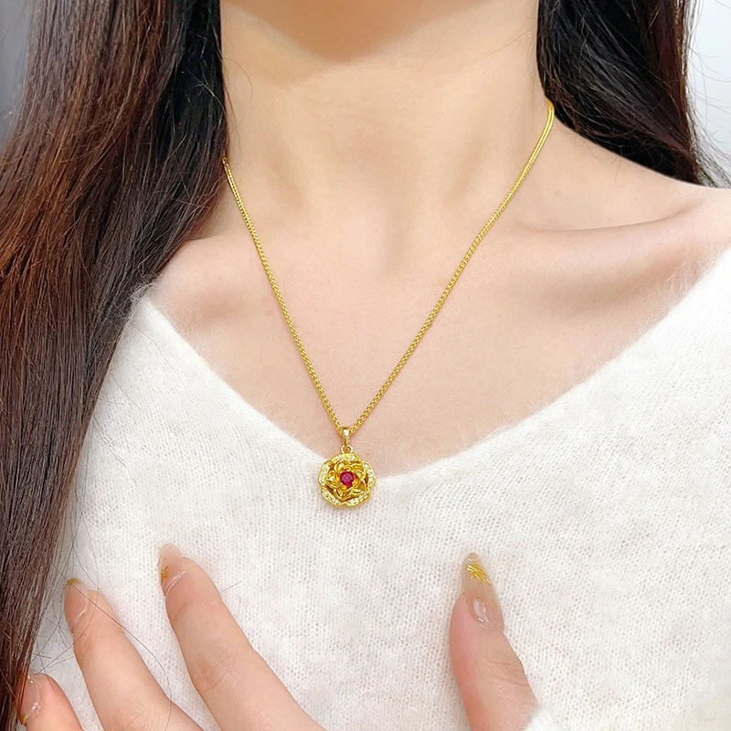 

Fashion K18 Gold Color Diamond Rose Pendant Necklace for Women Bride Wedding Engagement High Jewelry Chain Gifts Not Fade