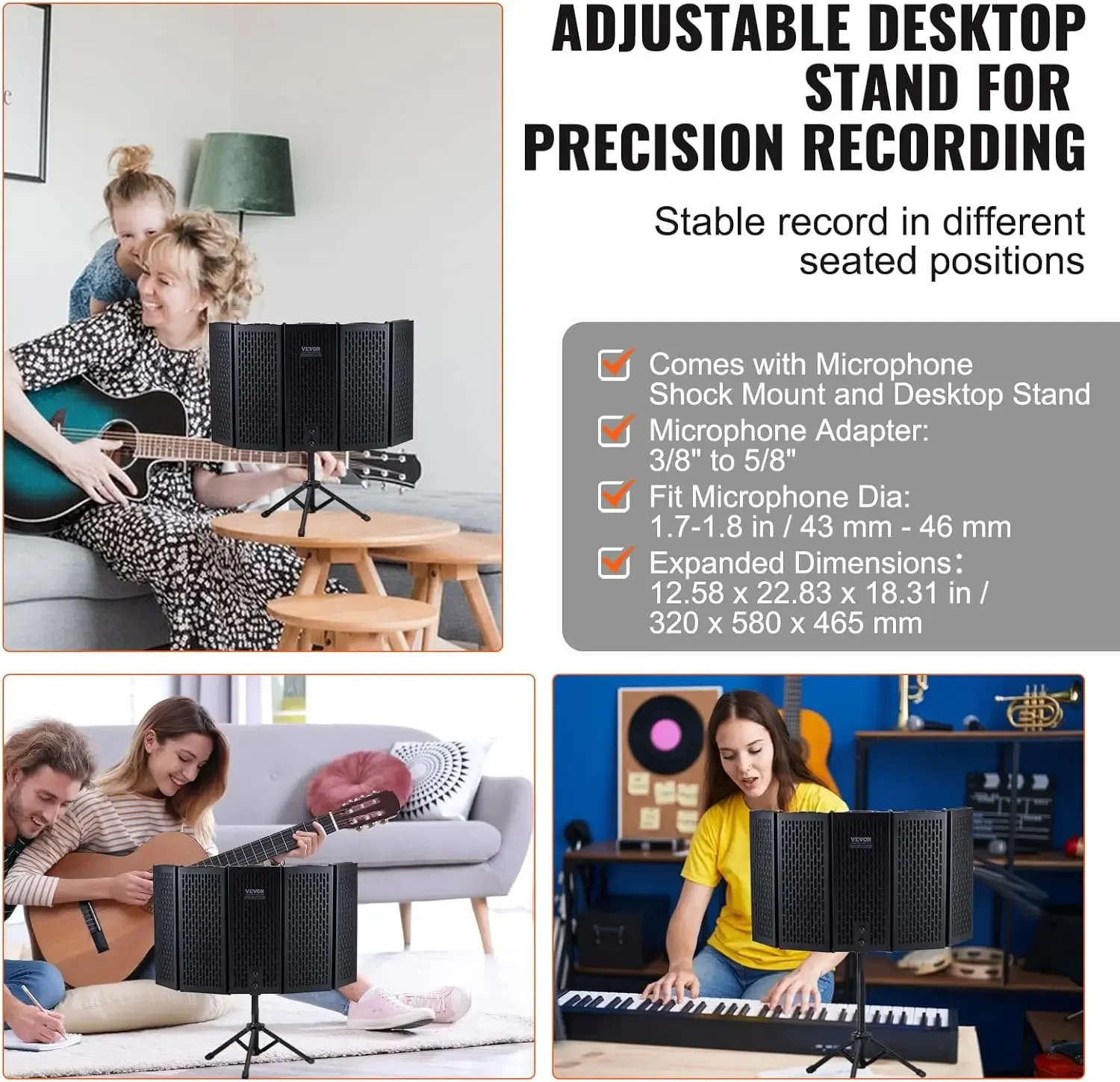 Microphone Isolation Shield, 5-Panel, Studio Recording Mic Sound Shield, with Pop Filter Desktop Tripod Stand and 3/8''