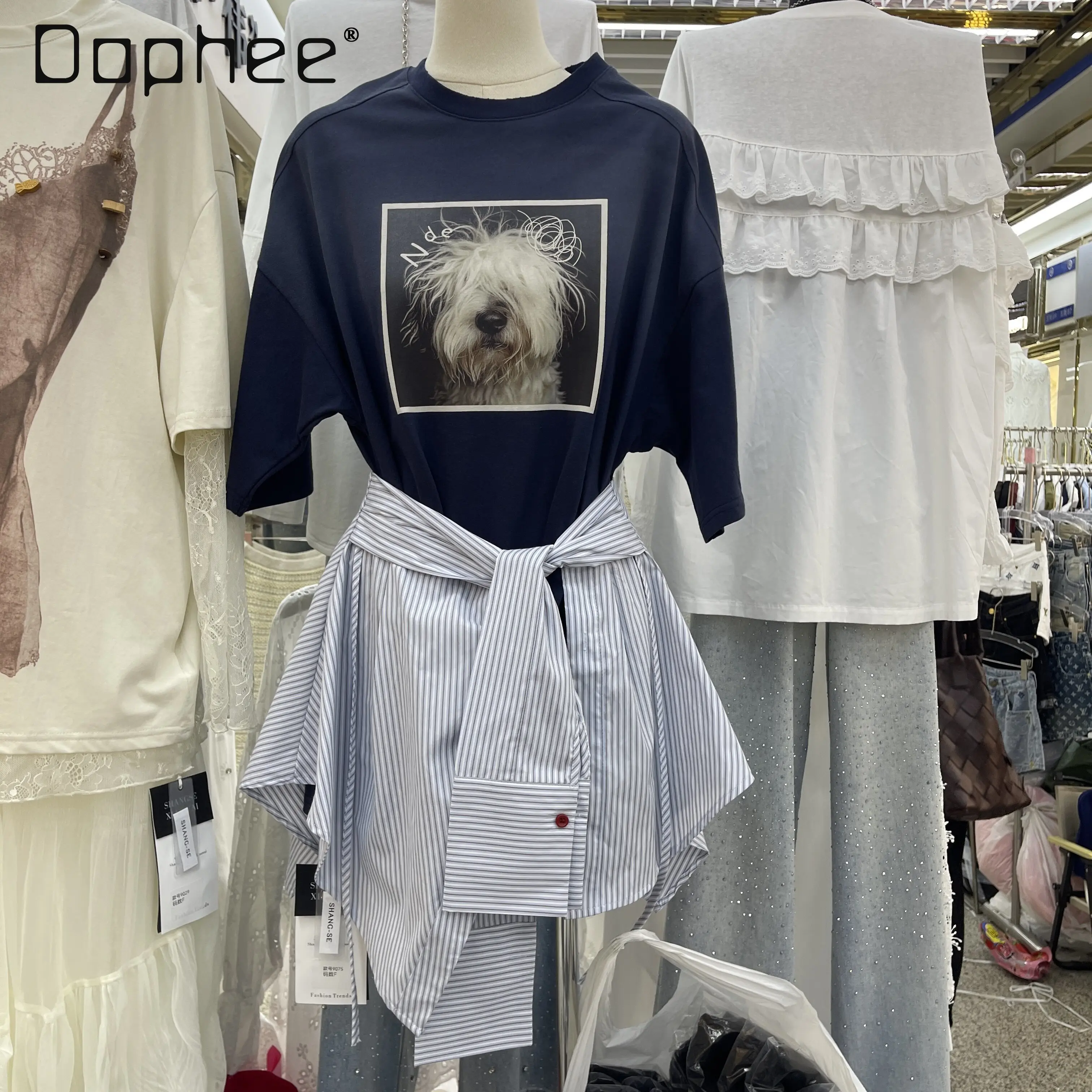 

2026 Spring Fashion Versatile Round Neck Short-sleeved Printed T-shirt + Apron Casual Loose Two Piece Sets Womens Outifits