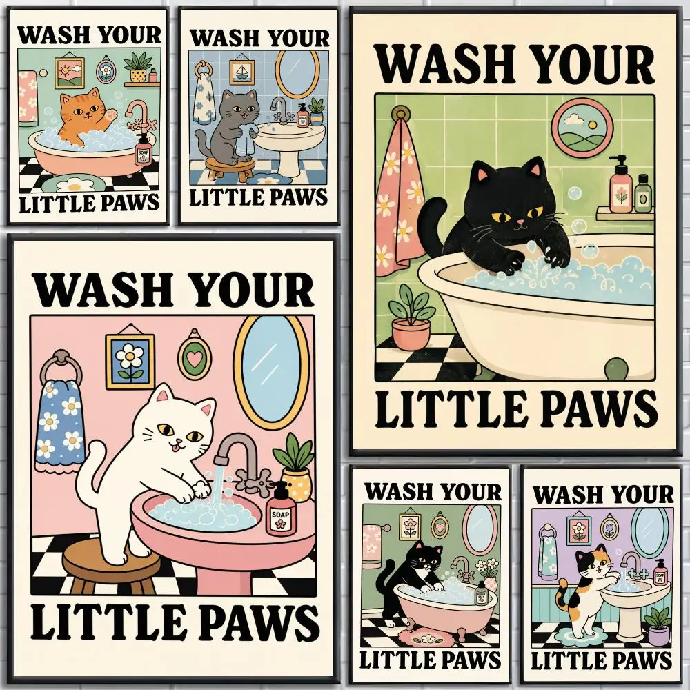 Wash Your Paws Cat Illustration Poster Poster Selbstklebende Wandaufkleber, geeignet für die Raumdekoration, hochwertiger Druck.