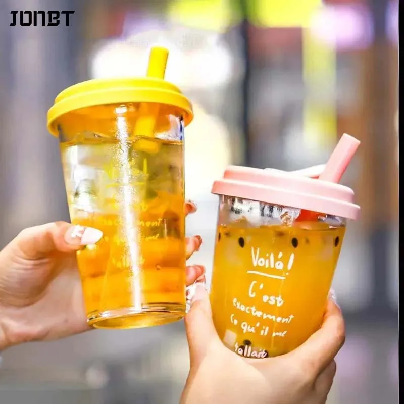 

Симпатичные прозрачные стаканы, чашка с соломинкой и крышками, герметичный стакан, посуда для напитков, холодные стеклянные кофейные кружки, чашки для воды для молочного сока, домашнего офиса
