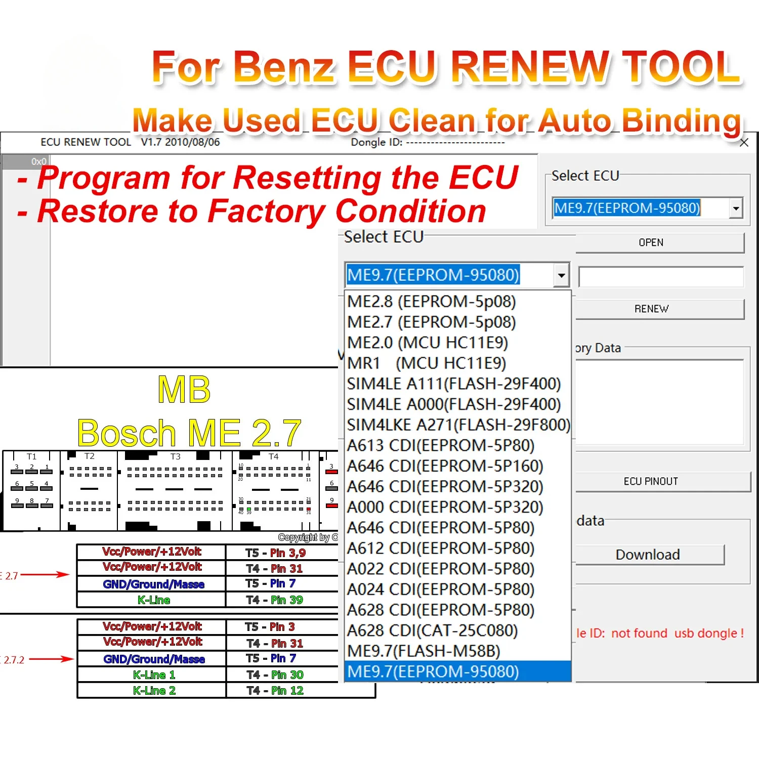

Для Mercedes/MB ECU RENEW TOOL V1.7 Создайте использование ECU Clean для программы автоматической переплета для сброса ECU Поддержка ME9.7 MR ME2.0