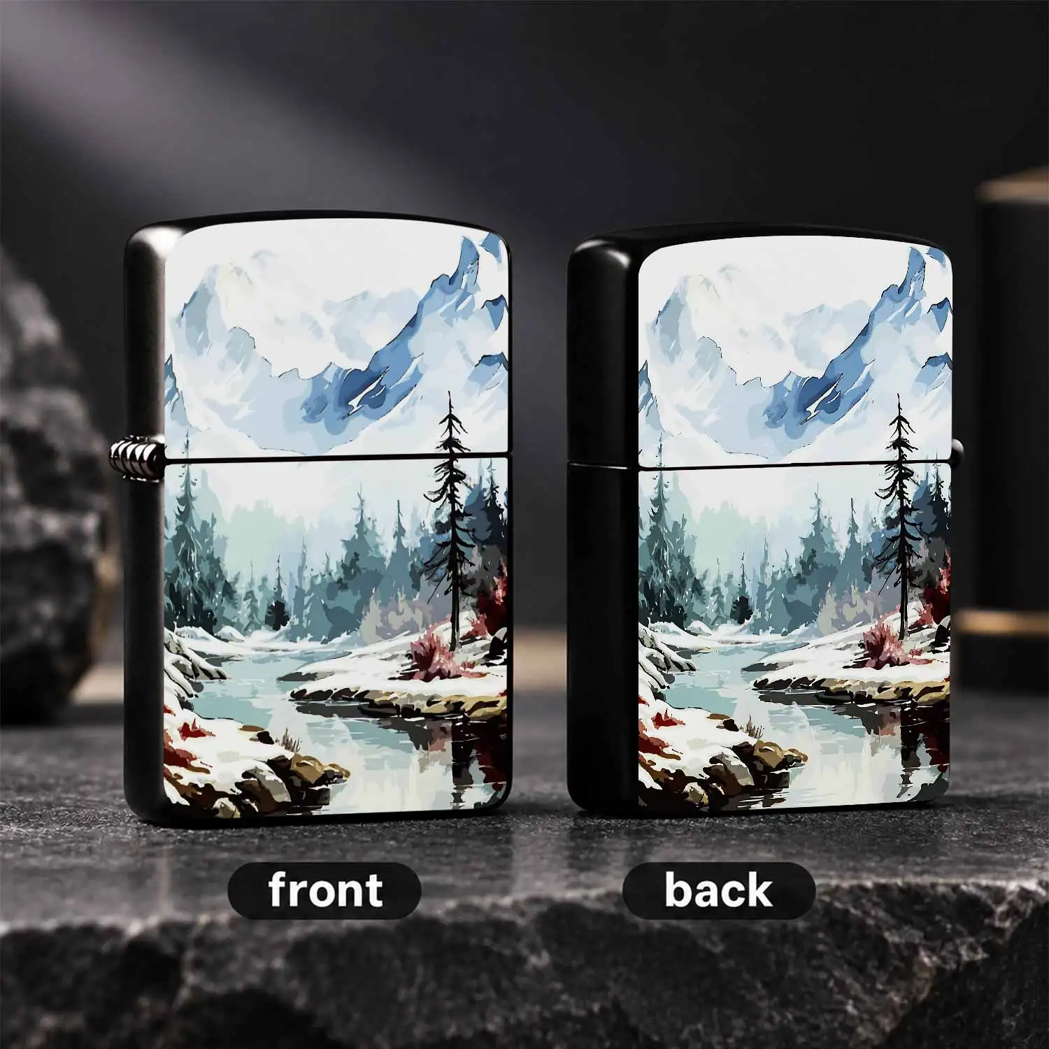 Winter Snow Mountain Forest Stream Scenery Lighter, Elegant Watercolor Stylewinter Decor Portable Ignition Device, Ideal For Outdoor Camping Hiking Daily Use, Thoughtful Gift For Friends Family For All Occasions A Humorous And Interesting L