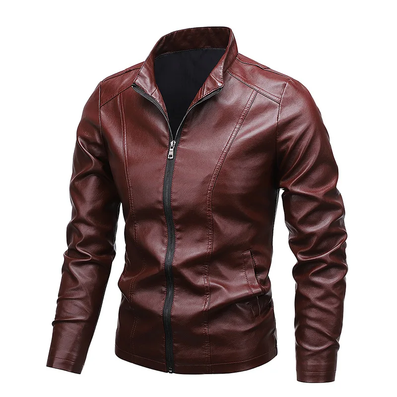 Herren-Motorrad-Lederjacke, 2024, Herbst, solide Slim-Fit, Reißverschluss, Stehkragen, winddicht, PU-Lederjacke, Mantel, Herrenbekleidung