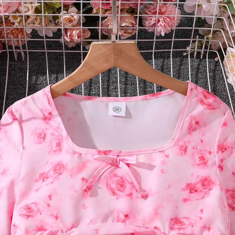 Spring Autumn Kids Girl\'s Sweet Floral Print Dress Children Fashion Party Lovely Dress Infant Clothes Flower Girl Pink Dress