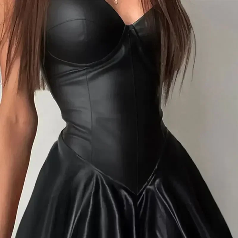 Sexy Faux Matter Leather Mini Dress Women Spaghetti Strap Bodycon Dress Sleeveless PU A-line Pleated Dress Party Cutsom Clubwear