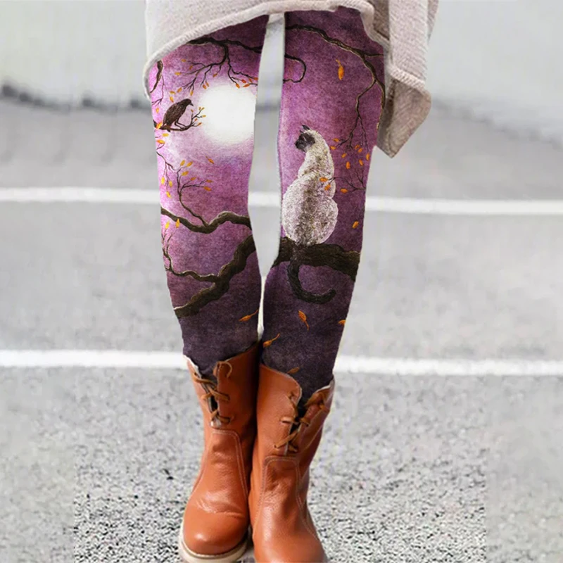 Dames schattige kattenleggings 2024 herfst en winter nieuwe elastische slim fit dames casual bedrukte lange kerstbroek laarsbroek