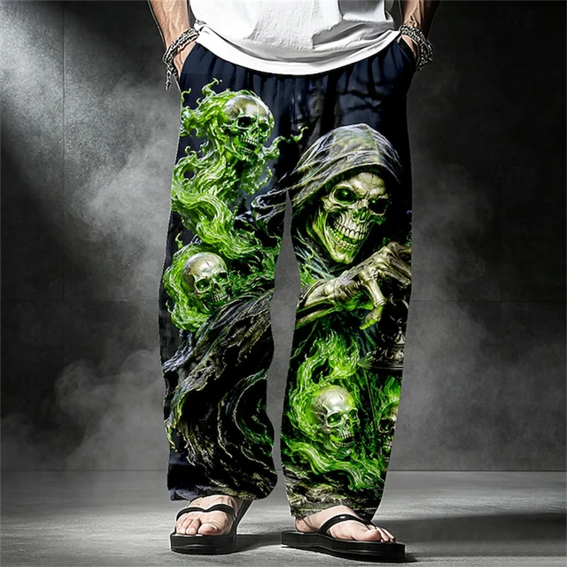 Men's Spring/Fall Death God Skull-Print Pants Loose-Fit Casual Pants with Drawstring Halloween Street Style Wide-Leg Pants