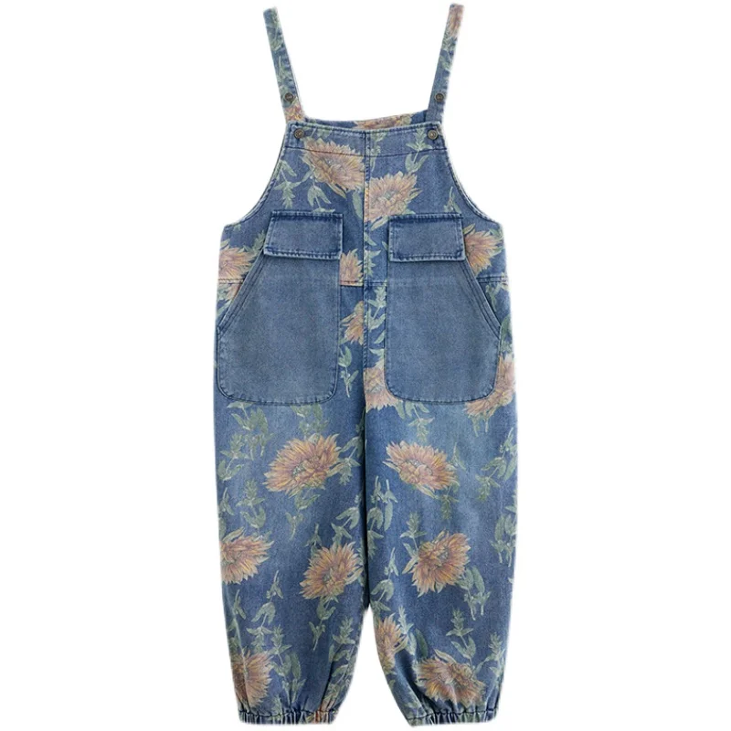 Celana Jeans Wanita Ukuran Besar Pinggang Tinggi dengan Celana Harlan Motif Besar, Celana Denim Nine Points Waed Bermotif Artistik untuk Aktivitas Sehari-hari