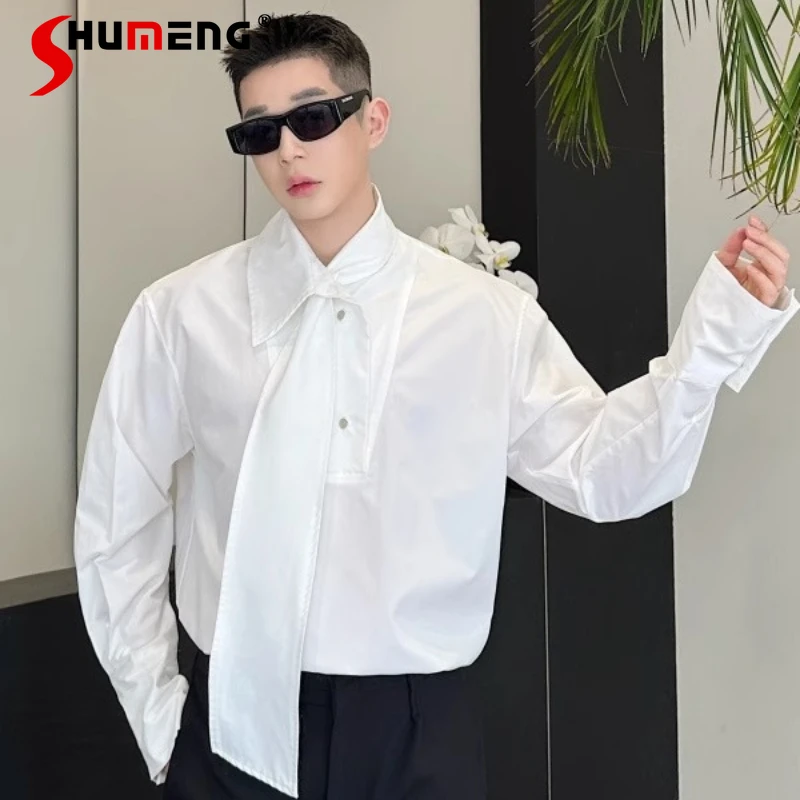 

Men's 2025 Spring Summer Loose Tops Light Luxury Tie Decorative Shirts Three-dimensional Metal Buckle Design Long-sleeve Shirts