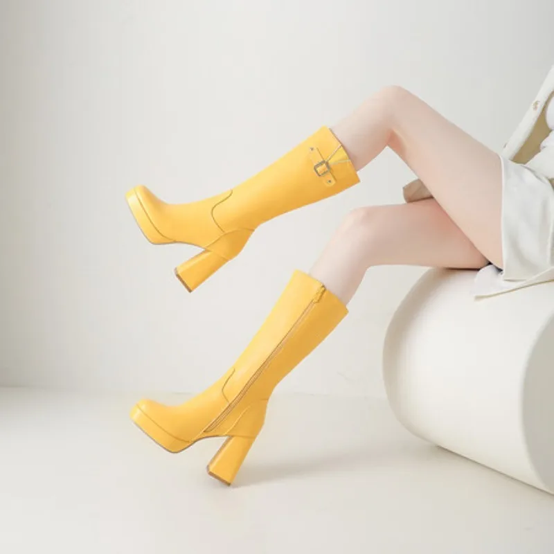 New Style Fashion High Heels Knee-High Boots Ladies Yewllow White Round Head Belt Buckle Plus size 34-50 Snow Boots view 4