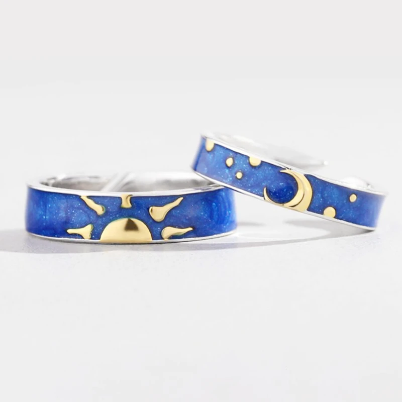 

Sole Memory Blue Drop Glaze Sun Moon Star Couple Romantic 925 Sterling Silver Female Resizable Opening Rings RI407