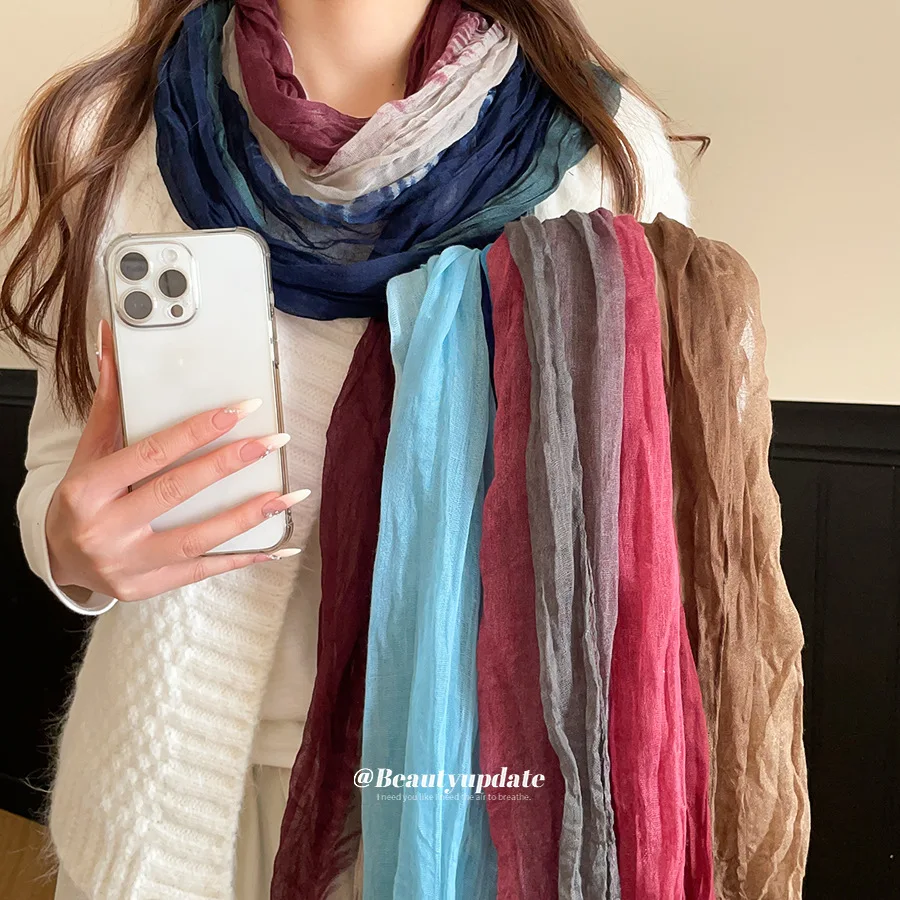 Crinkled Thin Long Scarf Women Vintage Tie Dye Lightweight Shawls Wraps Soft Sunscreen Neck Scarf Fall Winter Fashion Access