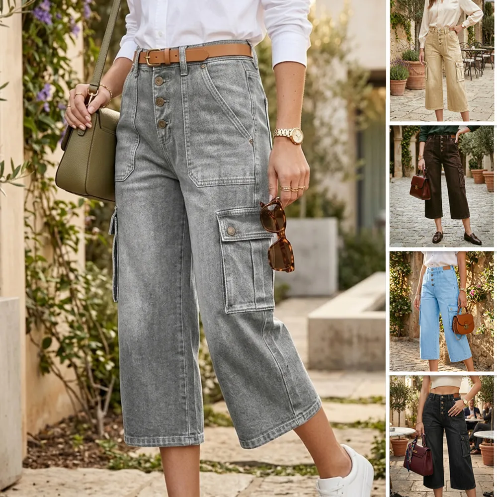 Women's Jeans Women's Pants Vintage Light Wash Cropped Wide Leg High Waist Loose Slimming Petite Summer New Denim Casual