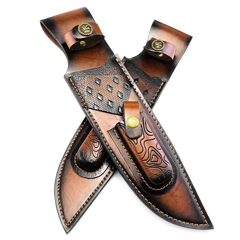 35CM Genuine Cowhide Fixed Blade Knife Sheath - Universal Full-Grain Leather Case for Hunting Knife Embossed Design