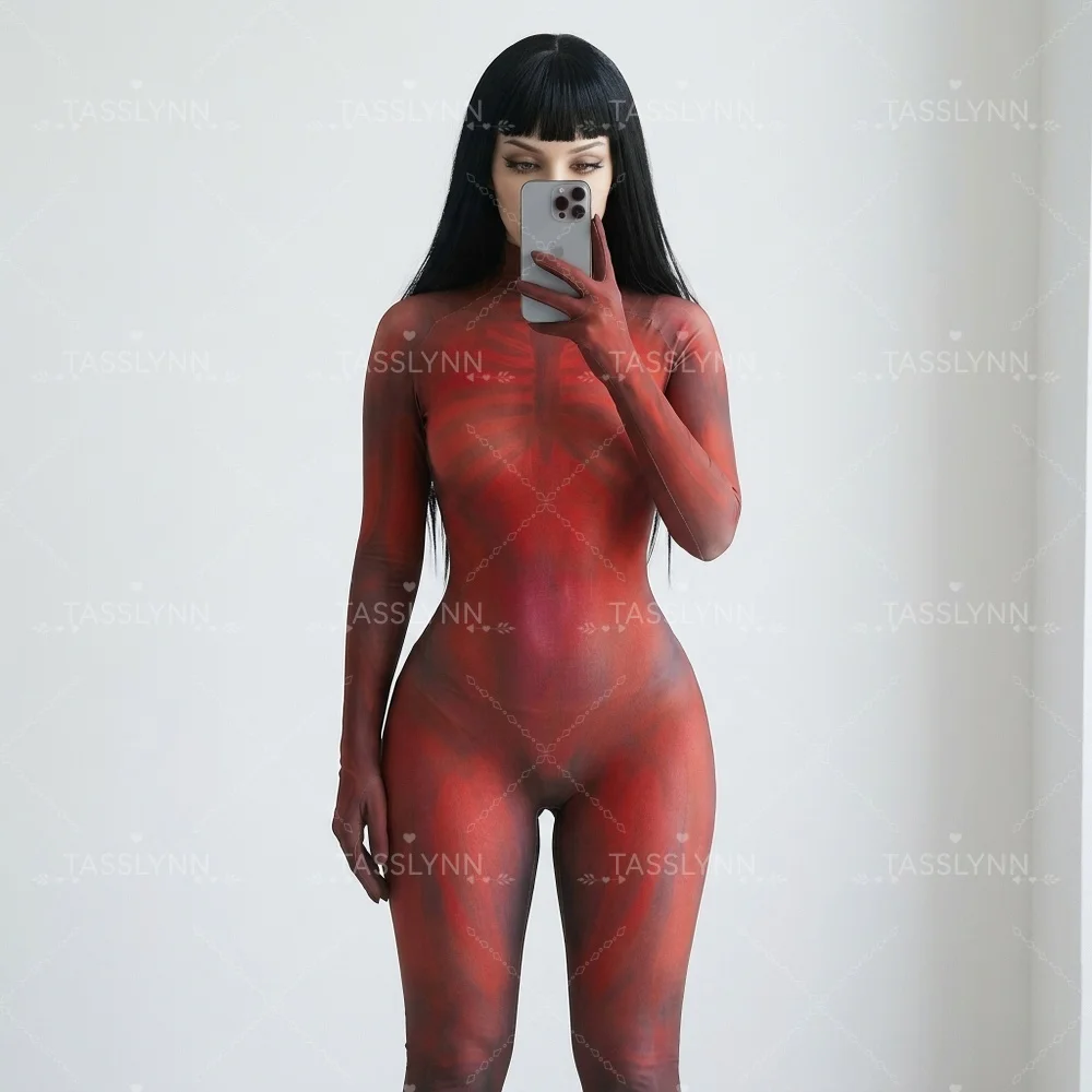 Women Red Muscle Skeleton Zentai Bodysuit, Full Body Ribcage Bone Print Jumpsuit Horror Undead Cosplay Costume For Halloween view 3