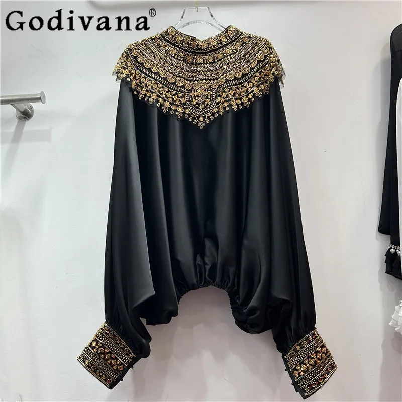 

French Court Heavy Industry Sequined Long Batwing Sleeve blouse Autumn Winter New Elegant Girls Loose Round Neck Versatile Top