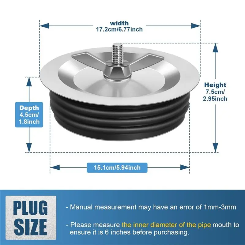 DT19 6 Inch Sewer Cleanout Cap, Metal Mechanical Test Plug with Wing for Nut, Expansion Pipe Cover for Drain, Pool, Sink, 2 Pack