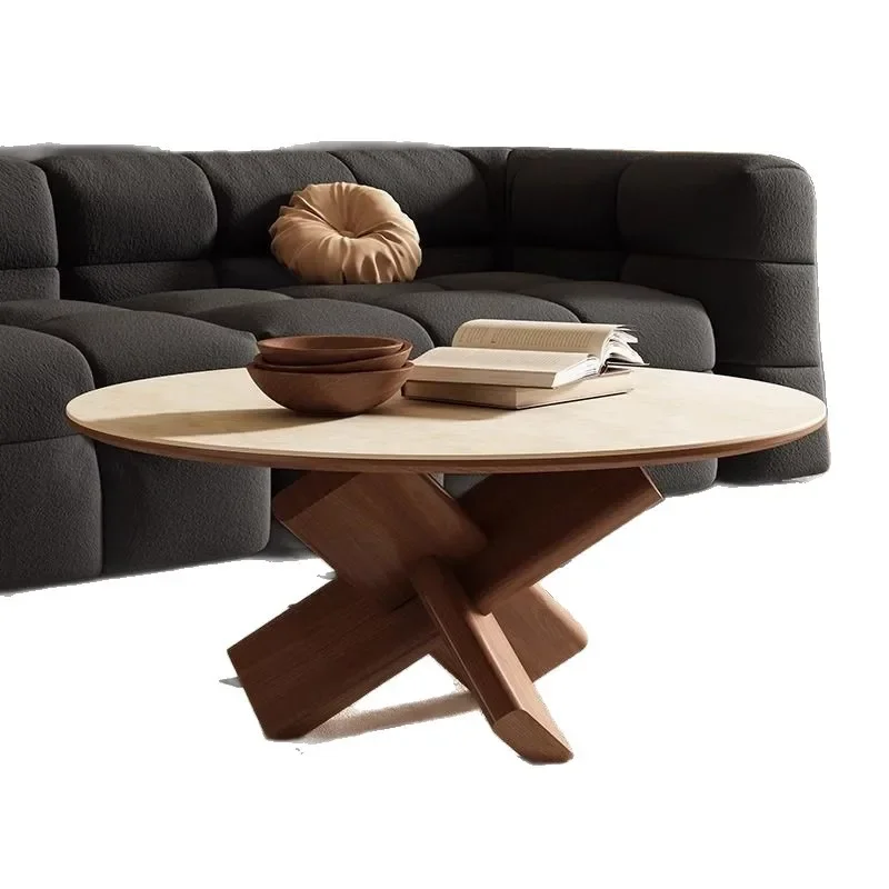

Retro rock slab round coffee table solid wood medium ancient style Nordic style small apartment coffee table Thai wind Luban