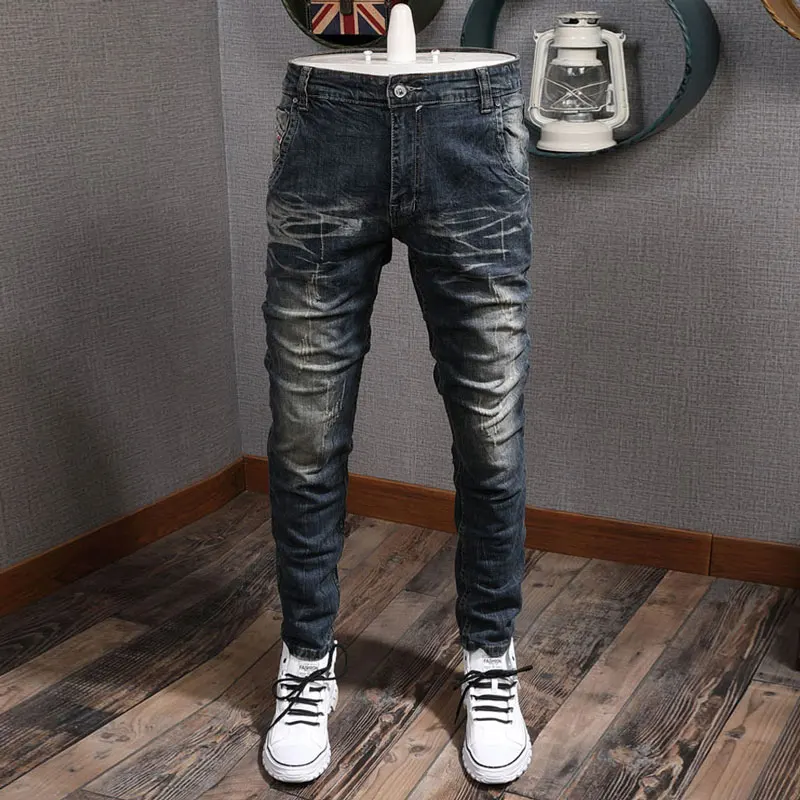 Fashion Designer Men Jeans Retro Black Blue Elastic Stretch Slim Fit Ripped Jeans Men Italian Style Vintage Denim Pants Hombre