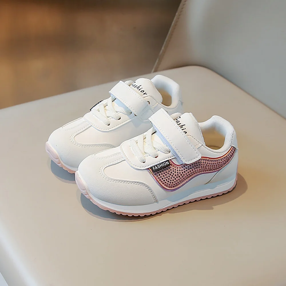 

Children's Spring Summer PU Leather Sport Shoes Girls Rhinestone Outdoor Running Shoes Girls Waterproof Anti-slippery Sneakers