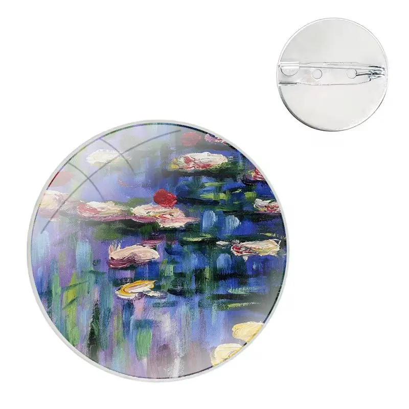 Glass Dome Brooches Shirt Lapel Bag Cute Badge Pins For Clothes Hat Accessories claude monet Garden Lotus Bridge