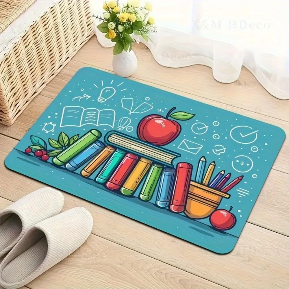 Cartoon Books Learning Theme Area Rug, Educational Pattern Non-Slip Floor Mat, Washable Carpet for Laundry Bathroom Playroom