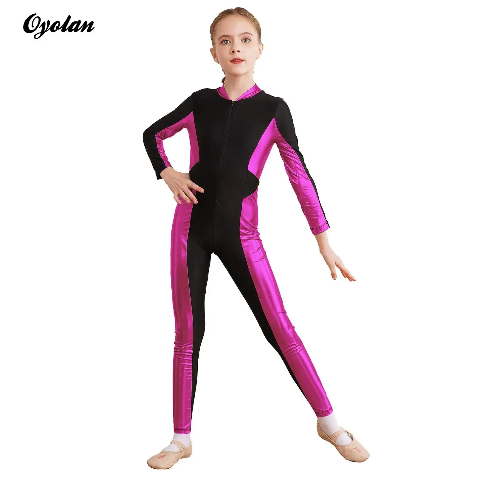 

Kids Girls Metallic Jumpsuit Zipper Stand Collar Long Sleeve Unitard for Figure Skating Acrobatics Gymnastics Dance Performance