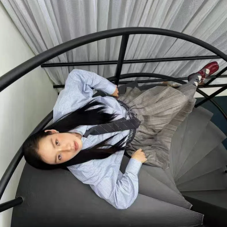 VE LOVE 뉴 컬리지 슬레프 스커트, 끈 조임식 허리밴드, 컬러 블록 체크 무늬 빈티지 캐주얼 여성 스커트